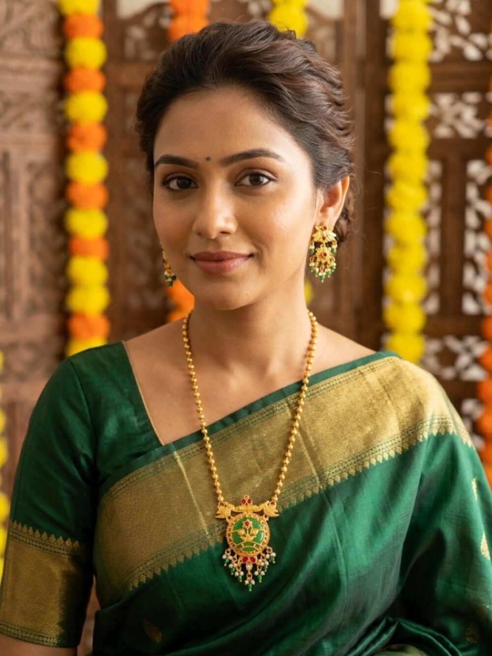 Traditional Gold Temple Jewelry Set: Long Haram Necklace and Matching Jhumka Ear